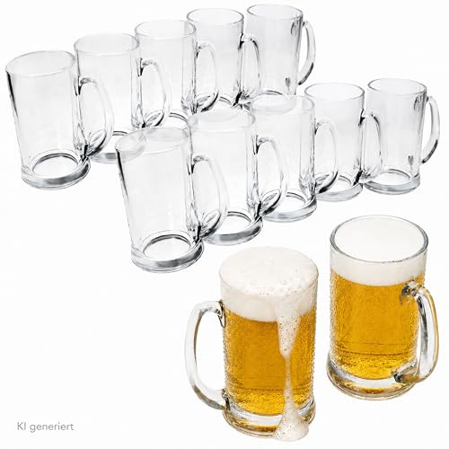 MamboCat Viva - Set di 12 boccali da birra da 0,5 l, altezza 16 cm, per 12 persone, in vetro con manico, bicchieri da birra trasparenti da 500 ml, corda da birra per feste