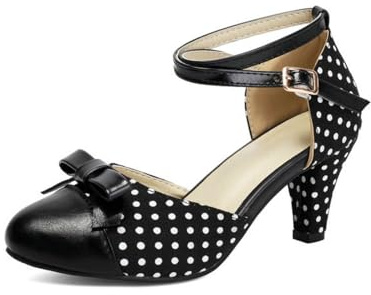 Generico Donna Pois Fiocco Decoro Mary Janes Punta Tonda cap Pumps Doppia Cinturino Caviglia Fibbia Regolabile Tacco Gattino Retro Abito Pompe,Nero,37 EU