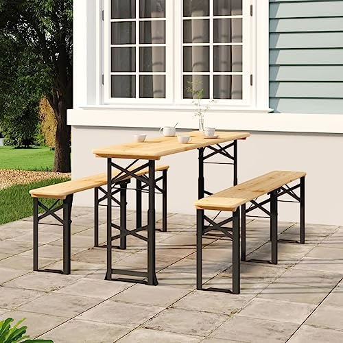 KNERPWD Table à bière Pliable 170x50x75/105 cm en Bois Massif de Sapin avec Cadre métallique Stable, Hauteur réglable pour Table de Jardin et Camping, Pliage Facile pour Rangement