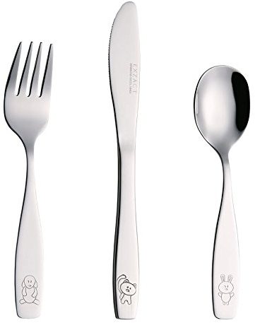 Exzact Kinderbesteck 3 teiliges aus rostfreiem Stahl/spülmaschinengeeignet Gravurbesteck - 1 x Gabeln, 1 x Menuemesser, 1 x Abendessen Löffel (Hund Katze Hase x 3)