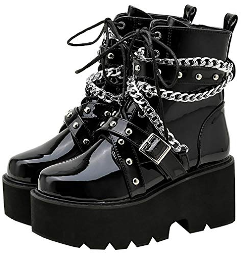 Parisuit Womens Goth Patent Ankle Boots Platform Chunky High Heel Lace Up Combat Boots Punk Short Booties, Black 1, 5 UK
