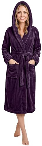 NY Threads Luxury Ladies Hooded Dressing Gown Super Soft Fleece Women's Robe Comfortable Loungewear and Nightwear, Plum, X-Large