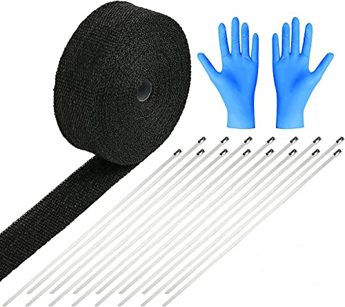 LIHAO Hitzeschutzband 15M Basaltfaser Auspuffband Motorrad Hitzeschutz mit Kabelbinder für Fächerkrümmer Thermoband Krümmerband Gratis mit Handschuhe Schwarz