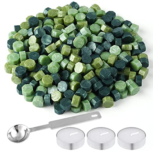 FEPITO 300 Pcs Octagon Sealing Wax Beads with 3 Pcs Tea Candles and 1 Pcs Wax Melting Spoon for Wax Stamp Sealing (Green Mix)