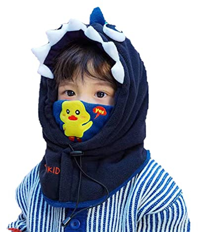 7-Mi Barn Balaclava full ansiktsmask 3 i 1 pojkar/flickor halsvärmare vindtät skidmössa vintermössa huva fleece kläder utrustning för skidåkning, snowboard cykling utomhus, Marinblå dinosaurie, 4-12