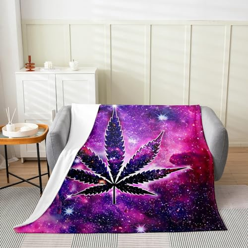 Marijuana Weed Fleece Throw Blanket Super Soft Cozy Purple Galaxy Flannel Blanket for Kids Women Adults Cannabis Leaf Plush Blanket Fantasy Starry Sky Fuzzy Blanket for Sofa Bed Couch(60x80 Inches)