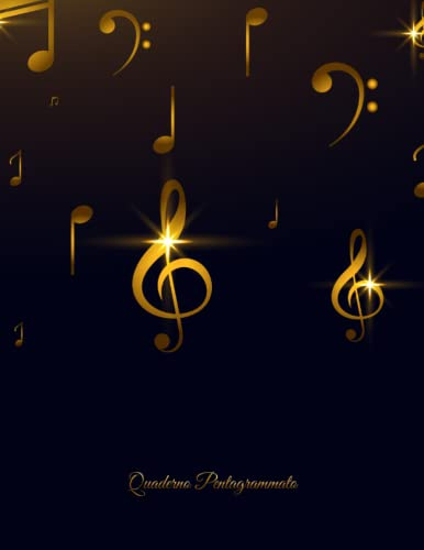 Quaderno Pentagrammato | Copertina Design Oro | 100 pagine con 12 pentagrammi musicali | Indice personalizzabile e Pagine Note | Formato Grande | ... di Pianoforte Chitarra Violino Basso Sax