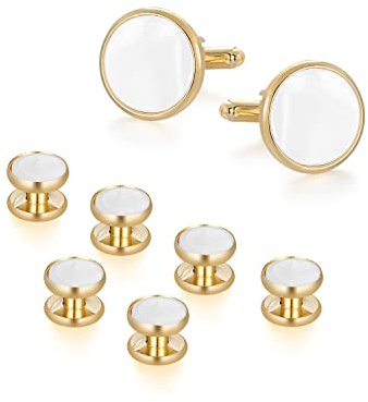 wynameleri Mens Classic Shirts Cufflink Studs, Mother-of-Pearl Tuxedo Shirt Button and Cuff Links Set, Formal Business Wedding Jewelry XDS15 Gold White