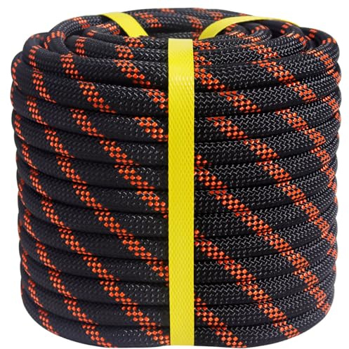 CRAYZA Cuerda de aparejo arborista trenzada doble (1/2 pulgada x 50 pies), cuerda de poliéster fuerte, 48 hebras para trabajo en árboles, escalada, tirar, swing, vela, negro/naranja