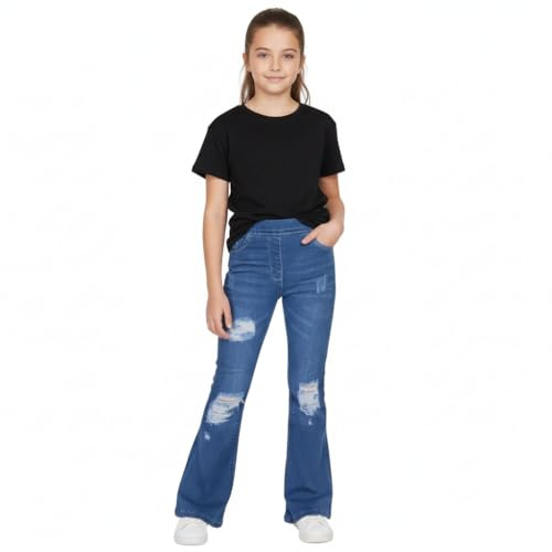 A2Z 4 Kids Girls Denim Jeans Comfort Stretchy Jeggings Bell Bottom Ripped - Jeans JN37 Mid Blue 7-8