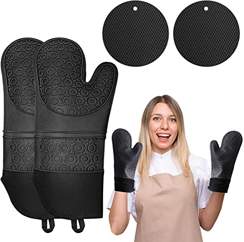 Phantasy® Ofenhandschuh und Topflappen Set, 260℃ Hitzebeständige Topfhandschuhe, Anti-Rutsch Silikon und Baumwolle Topfhandschuhe 1 Paar für Küche, Backofen, Mikrowelle, Schwarz