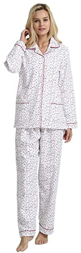 GLOBAL Women's Pyjama Sets 100% Cotton Flannel Ladies PJs Button Front Top Drawstring Bottoms Pink Mini, Mini Flowers M