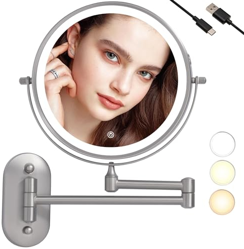 TUSHENGTU schminkspiegel mit Beleuchtung, 20,32 cm kosmetikspiegel wandmontage für das badspiegel mit 10x Vergrößerung, LED wiederaufladbar (Nickel, 10X)