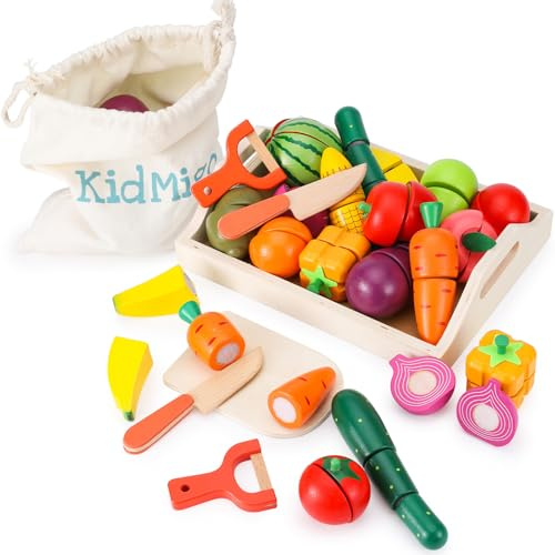 KidMigo Wooden Play Food, 19 Items 35 Pcs Toy Kitchen Accessories with Serving Tray, Wooden Kitchen Toys with Canvas Storage Bag, Pretend Food for Toddlers 3-5