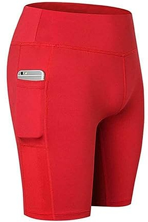 Boolavard Shorts för kvinnor med fickor – hög midja, magkontroll, träning, yoga, löpning, gym, korta byxor, röd, L