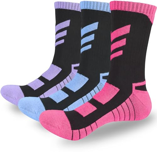 KOOOGEAR Womens Walking Hiking Socks 3 Pairs Women's Winter Thermal Cotton Cushion Crew Sports Socks Outdoor Grey Running Climbing Cycling Athletic Socks