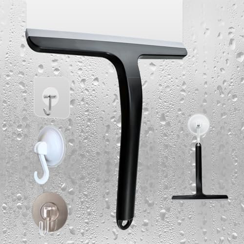 Ruayia Duschabzieher mit 3*Klebehaken, Schwarz Silikon Abzieher Dusche, Fensterabzieher 23 cm Breit - ohne Bohren für Badezimmer Fenster, Spiegel, Fliesen, Glas, Autofenster - Schwarz