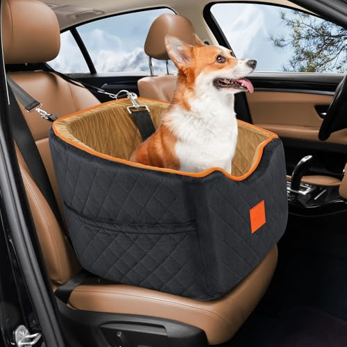 XIEEAOZEE Dog Car Seat for Small Dogs, Memory Foam Booster Dog Seat for Dogs up to 35 lbs, Elevated Pet Car Seat with Washable Removable Cover, Storage Pockets