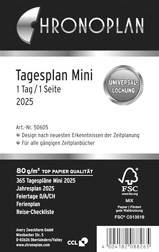 Chronoplan 50225 kalenderinlägg 2025 (dagsplan mini (79 x 125 mm), ersättningskalendarium för mötesplanerare, dagsplanerare, perfekt för detaljerad dagplanering, 1 dag på 1 sida, med universell hål)