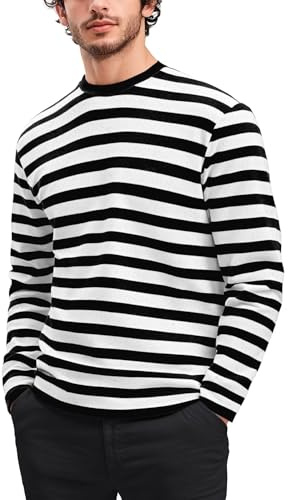 RGJU Men's Striped Shirts Long Sleeve, T-Shirt Crewneck Cotton Blend Stripes Top(White&Black,XL)