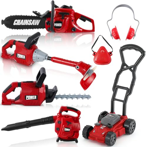 Arrowbash Kids Lawn Mower Toy Set 7 Pcs Electric Garden Tools with Leaf Blower, Chainsaw & Trimmer – Summer Outdoor Toys for Boys Girls Birthday Gifts
