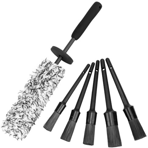 QWORK® Spazzola per Cerchi in Microfibra per Auto Extra Sottile con 5 spazzole per Dettagli, per Tutti i Tipi di Cerchioni