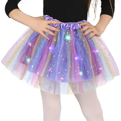 Tüllrock Mädchen Lila Mehrfarbig, Sterne Pailletten Tanzkleid, 30cm Dehnbaren Minirock Mit LED Lichter, kleine Mädchen Tütü Ballettrock für Fasching Halloween Karneval, 3-8 Jahre Kinder Ballett Dress