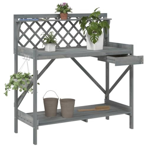 Table de Jardinage, Banc de Plantation en Bois, Station de Travail avec Crochets et étagères pour patios/Cours, Banc de rempotage avec Treillis en Bois Massif Gris Sapin