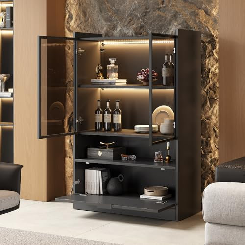 Zubaliya Vetrina a LED nera opaca, altezza 120 cm, con illuminazione a LED, 16 colori, vetrina in vetro con piedistallo con illuminazione, mobile da salotto con ante in vetro e porta a ribalta, in