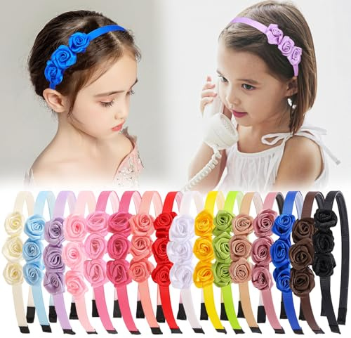 XIMA Fabric Rose Flower Headbands for Toddler Girls Multiple Colors Flower Hair Accessories for Kids Pack of 16