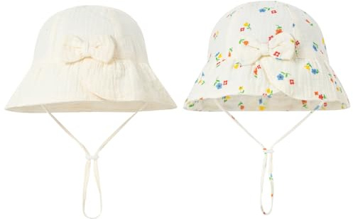 EDLMKM 2 Pcs Baby Girl Sun Hat, Baby Summer Hat Sun Protection, Toddler Cotton Beach Hats, with Adjustable Chin Strap, for 3-18Months Beige