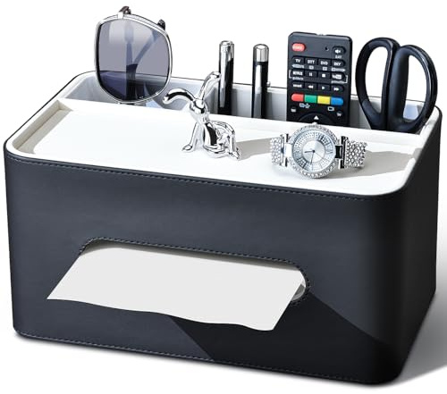 KINGFOM Caja de pañuelos con 2 compartimentos, caja de pañuelos de piel sintética, caja de pañuelos multifuncional, caja de pañuelos con estante, organizador de escritorio para oficina, hogar, baño