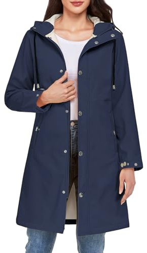 Tuopuda Veste Long pour Femme Manteau à Capuche en Polaire Manteau mi Saison Veste de Pluie à Fermeture éclair(Bleu marine,XL)