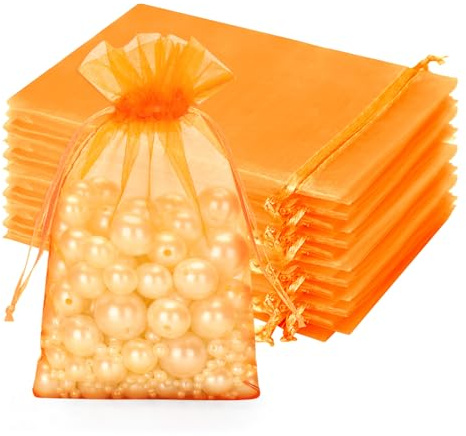 jijAcraft Sacchetti in organza arancione 10 x 15 cm: sacchetto in organza con linguetta per regalo, 50 sacchetti per gioielli in tulle, sacchetti in tulle da riempire per spuntini di Halloween, chiodi
