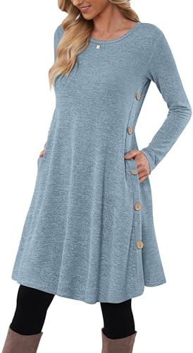 MOLERANI Jumper Dress for Women Long Sleeve Dress Ladies Button Casual Tunic Dress with Pockets Light Blue Size 16-18 L