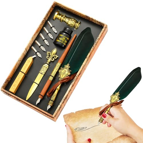 JINGLING Vintage fjäderkölset | Quill Pen set antik kalligrafidip pen med bläck | Quill Set innehåller dip, bläck, reservspetsar, vaxsigillpennor