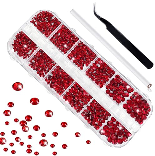 Sularpek 1 440 stycken röda strassnaglar, glitterstensnaglarna, rhinestones, nagelstenar, med plockningspincett och strass-plockningspenna, kristallnaglar strasstenssats för naglar och kläder