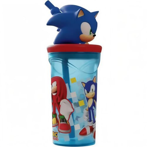 Sonic Gobelet pour enfants avec paille et couvercle, figurine 3D, 360 ml, plastique réutilisable, sans BPA, idéal pour les enfants et les adolescents
