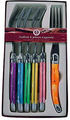 Laguiole Production - Coffret 6 fourchettes multicolores - Couverts de table en acier inoxydable - Set de fourchettes couleurs panachées en ABS - Présentation coffret cadeau