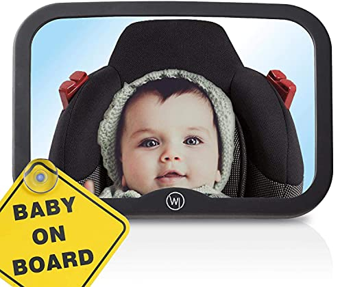 Baby Autospiegel 360° - 100% Bruchsicher & Rutschfest, Klare & weite Sicht, Spiegel Auto Rückbank für Kopfstütze, Rücksitzspiegel für Babys, Erstausstattung (24x17cm, mit Baby on Board Schild)