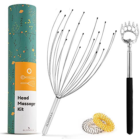 Blissella 20 Fingers Head Massager Kit - Head Massager Scalp for Stress Relief, Hair Growth & Headache Relief with Extendable Back Scratcher & 2 Finger Massage Rings