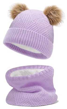 JFAN Sombrero de Invierno Bufanda para Niños Gorro de Punto para Bebés y Niños Pequeños Gorro de Invierno con Color Puro Sombrero de Doble Pompón para Niñas y Niños(A-Violeta,Talla única)