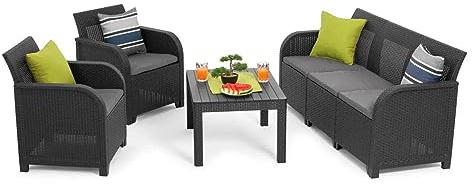 Keter - Conjunto de Jardín Sanremo con Dos sillones y sofá de 3 plazas con Mesa Auxiliar, Resina imitación ratán Trenzado.