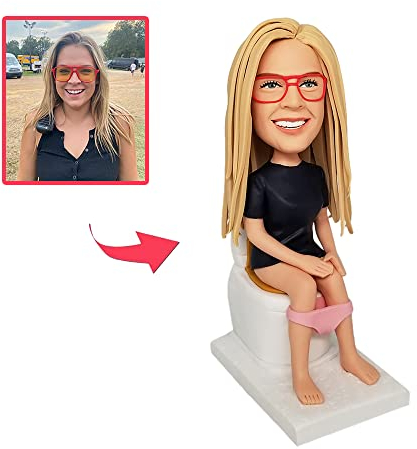 Benutzerdefinierte Wackelköpfe Frau sitzend auf Toilettenfigur, individuelle Puppe, Geburtstagsgeschenke für Frauen, Wackelkopf-Figuren, handgefertigt, personalisiertes Auto-Armaturenbrett