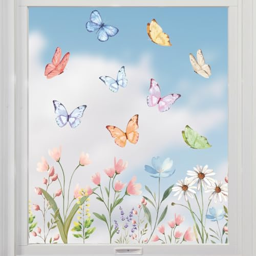 Horaldaily 50 PCS Spring Summer Window Cling Sticker, Watercolor Wild Flowers Butterfly Floral for Home Party Supplies Shop Window Glass Display Decoration