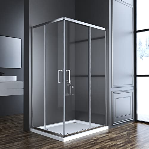 Goezes Eckeinstieg Duschkabine 80x100cm Schiebetür Eckeinstieg Duschabtrennung mit Doppel Schiebetüren Duschwand aus 6mm ESG Glas, LINKS & RECHTS MONTIERBAR, Duschschiebetür Dusche Höhe 185cm