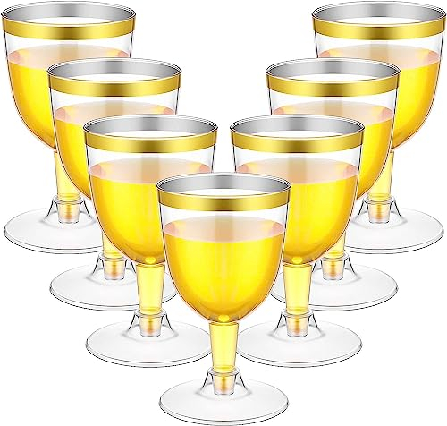 LATERN 50Pcs Gold Rimmed Wine Glasses, 170ml Plastic Wine Tasting Glasses Reusable Stemmed Party Wine Cups for Drinks Whiskey Champagne Beer Cocktail Martini (13.5 x 6.5cm)