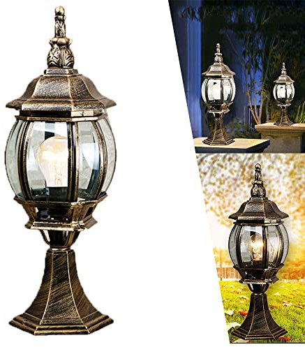 Lámpara de sobremuro de cristal de aluminio dorado antiguo E27 Farol de estilo rústico exterior Faros columna impermeable Iluminación Pilar Lámpara de pie para jardín patio terraza Césped Camino
