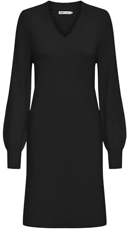 ONLY Robe en Tricot midi col en V Manches Ballon élégant pour Femme, Couleurs:Noir-2, Taille:S