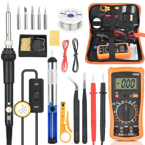 Lötkolben Set - 60W Lötkolben mit Temperatur Einstellbar 200-450°C, Lötwerkzeug mit Digital Multimeter mit 5 Lötspitzen, Hochwertiges Löten & Reparieren - Soldering Iron for Elektronik, Schmuck Black